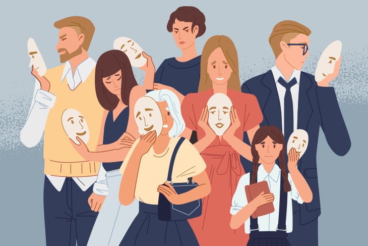 Illustration of people holding personality masks